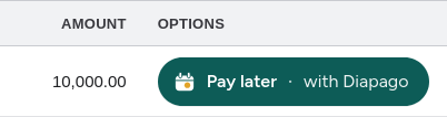 The bill row: amount 10,000.00 and a teal button that reads Pay later, with Diapago.