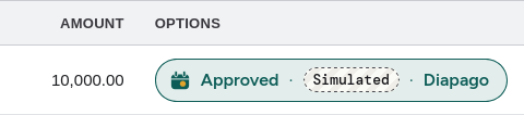 The same bill row afterwards: amount 10,000.00 and a status chip that reads Approved, Simulated, Diapago.